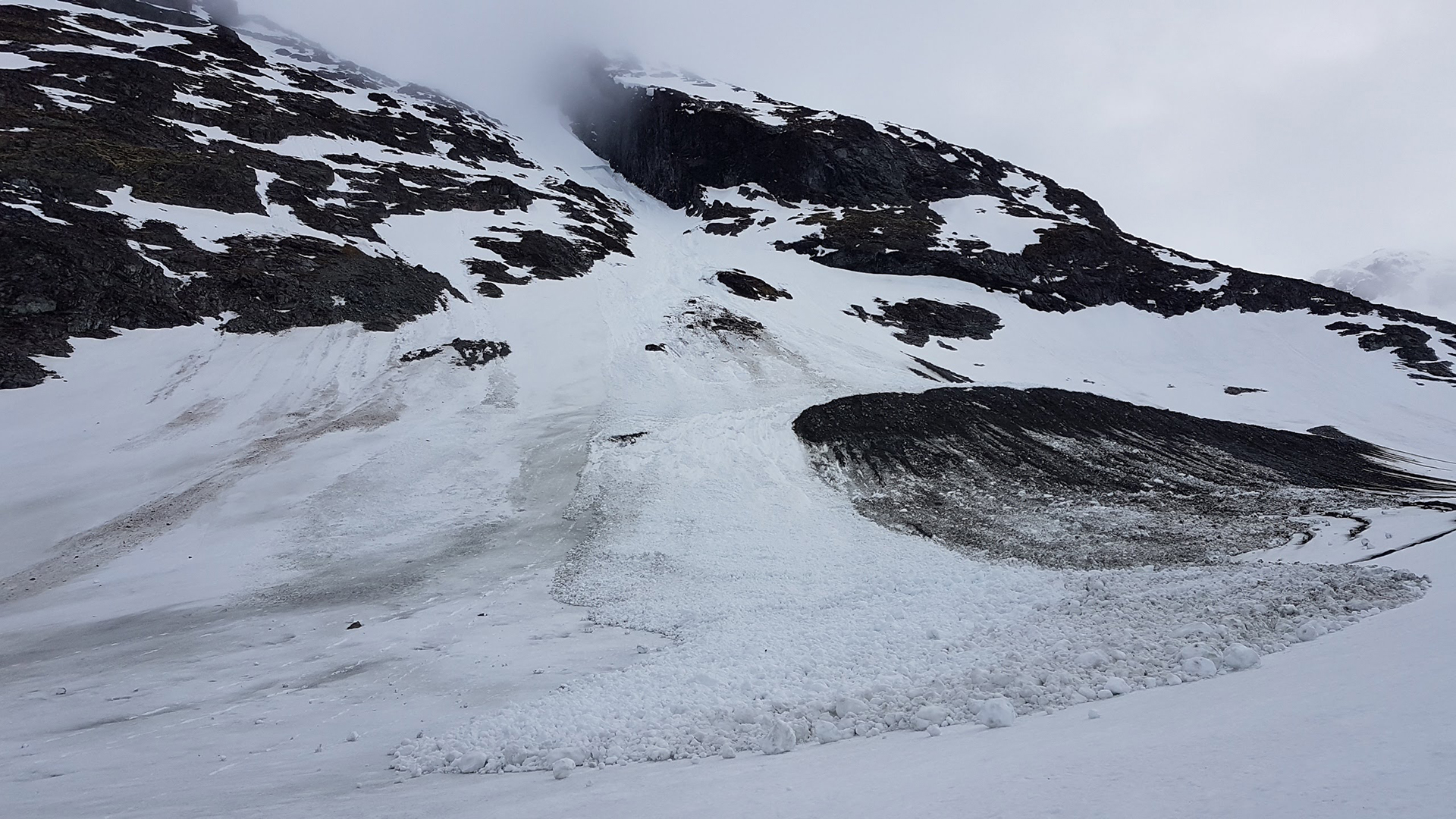 En lavin som har gått längs en  fjällsida